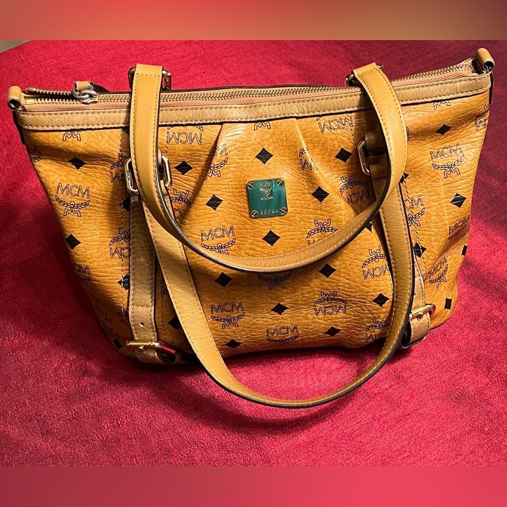 MCM Visetos Leather Shoulder Bag, Cognac